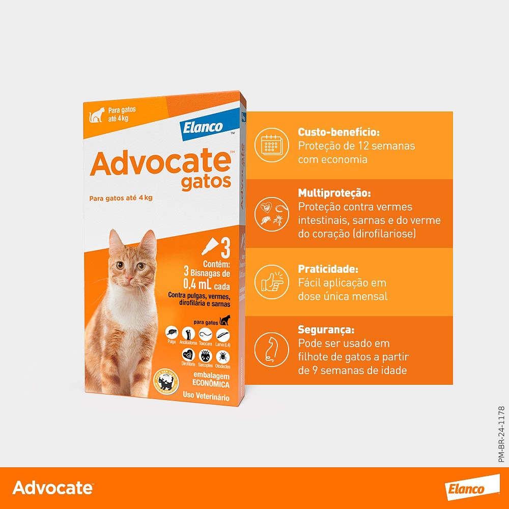 Antipulgas e Endectocida Advocate 0,4ml para Gatos até 4kg