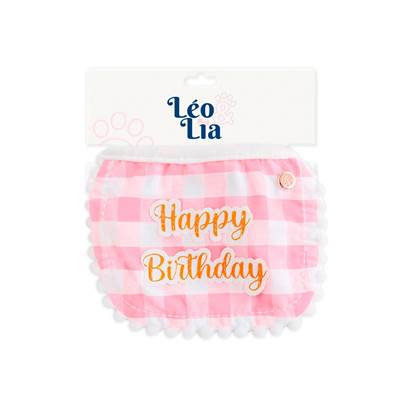 Babador Leo e Lia Happy Birthday Xadrez Rosa para Cães e Gatos P