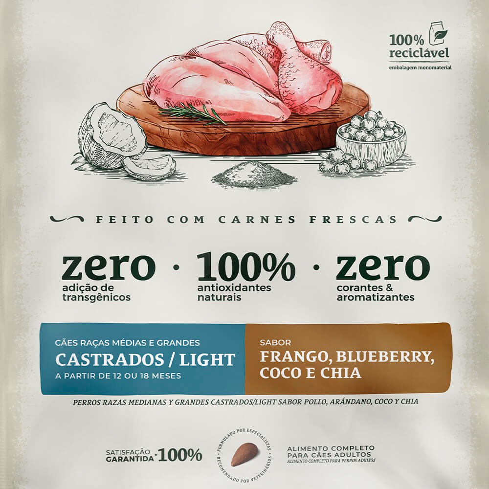 Ração Bionatural Prime para Cães Castrados de Raças Médias e Grandes Sabor Frango, Blueberry, Coco e Chia