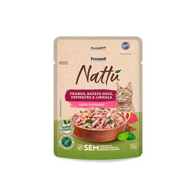 Ração Úmida Premier Nattu para Gatos Castrados Sabor Frango, Batata-Doce, Espinafre e Linhaça 70g