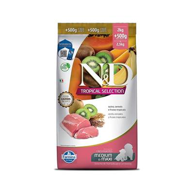 Ração Farmina N&D Tropical Selection para Cães Filhotes de Porte Médio e Grande Sabor Suíno, Cereais e Frutas Tropicais 10kg + 2kg