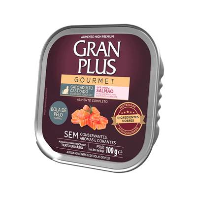 Ração Úmida GranPlus Gourmet Patê Anti Bolas de Pelo sabor Salmão para Gatos Adultos Castrado 100g