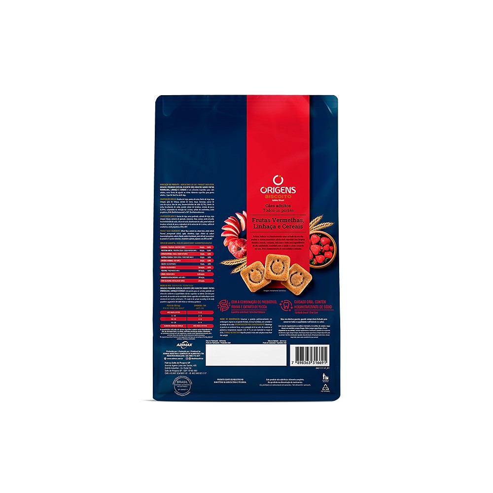 Biscoito Origens para Cães Adultos de Porte Médio e Grande Sabor Frutas Vermelhas, Linhaça e Cereais