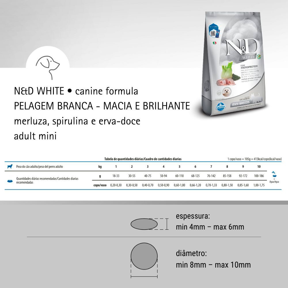 Ração Farmina N&D White para Cães Adultos de Porte Mini Sabor Merluza, Spirulina e Erva Doce