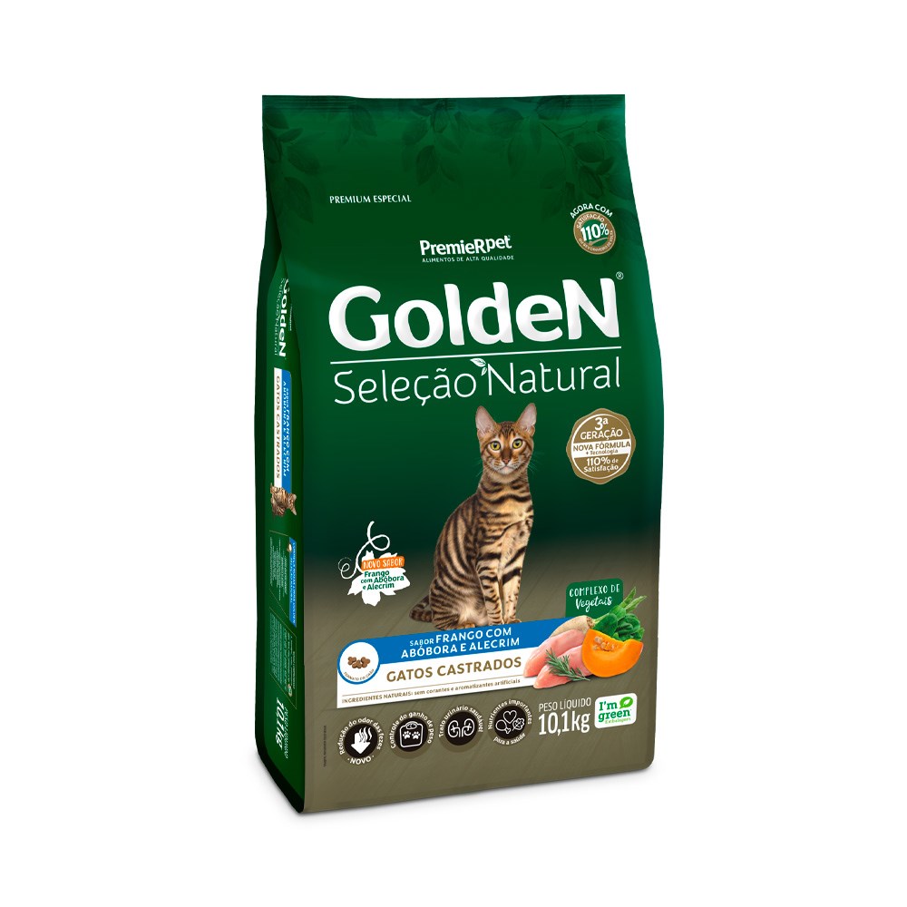 Ração Golden Seleção Natural para Gatos Adultos Castrados sabor Frango, Abóbora e Alecrim