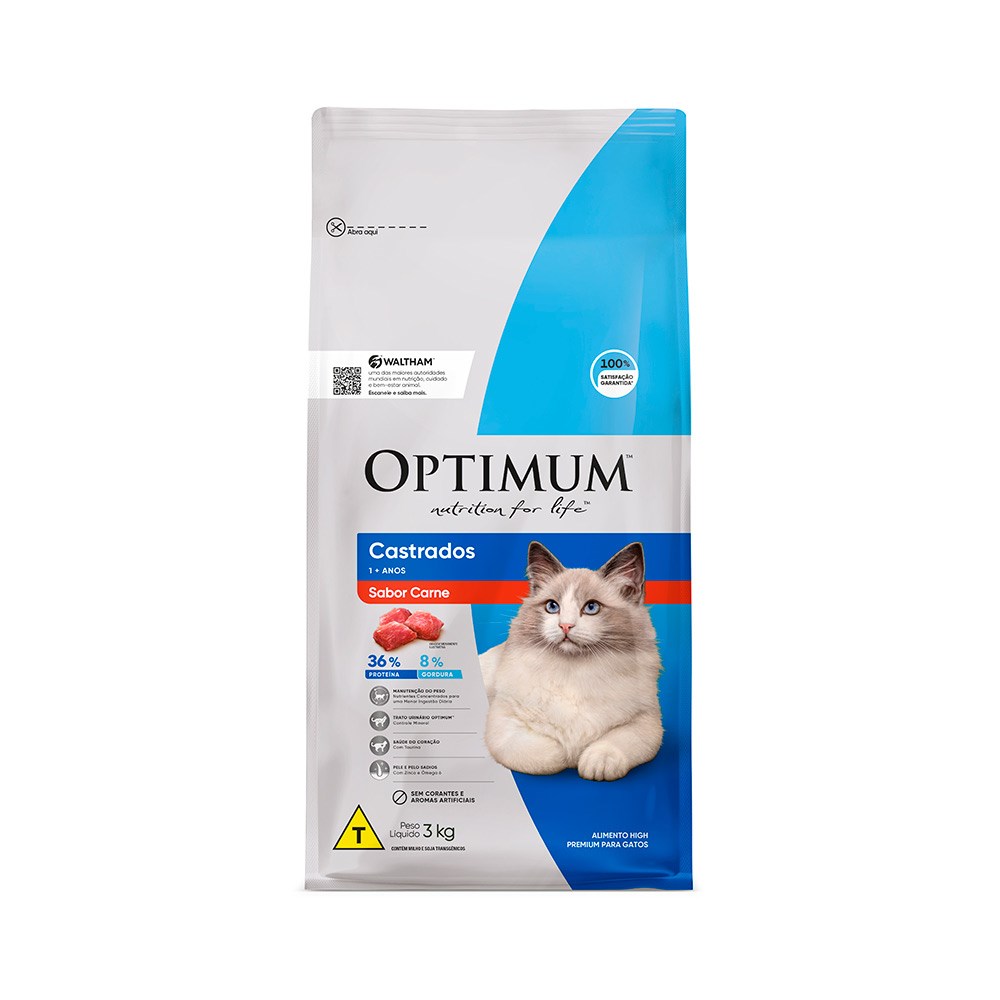 Ração Optimum para Gatos Adultos Castrados sabor Carne 