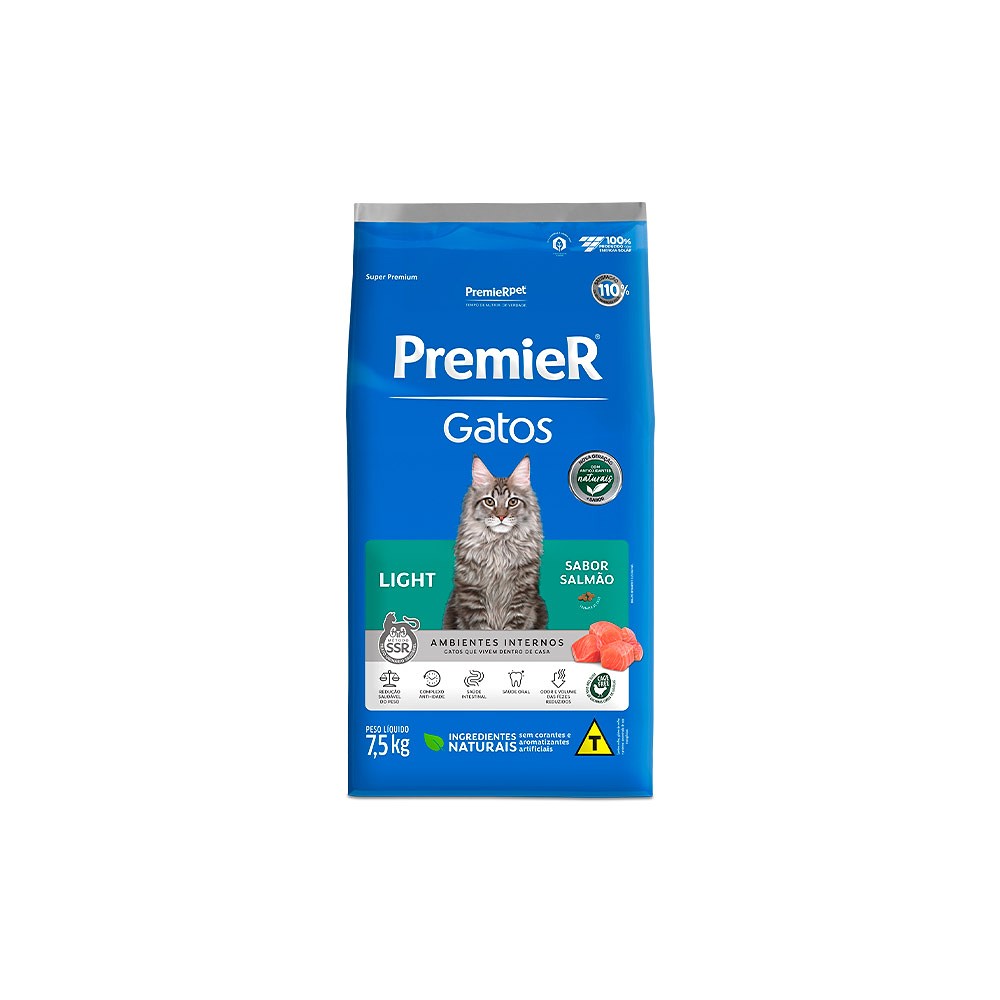 Ração Premier Ambientes Internos Light para Gatos Adultos sabor Salmão