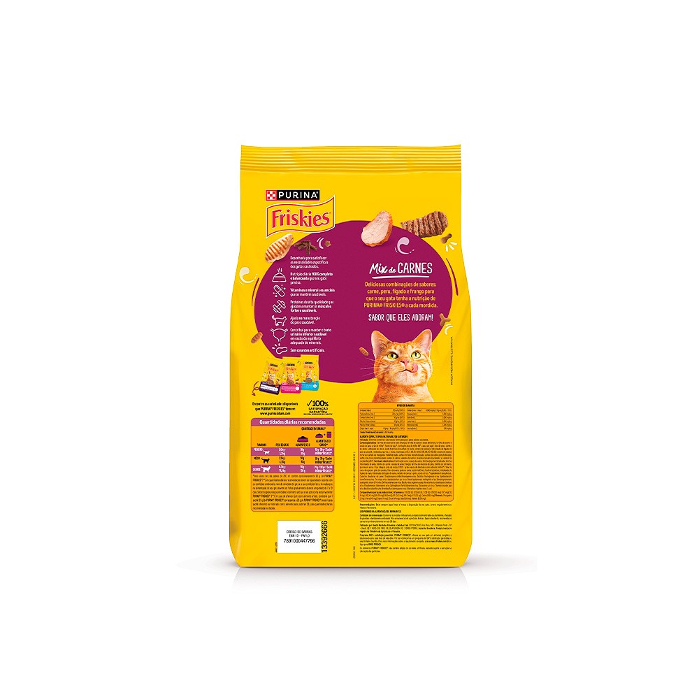 Ração Friskies Mix de Carne para Gatos Adultos Castrados sabor Carne, Peru, Fígado e Frango