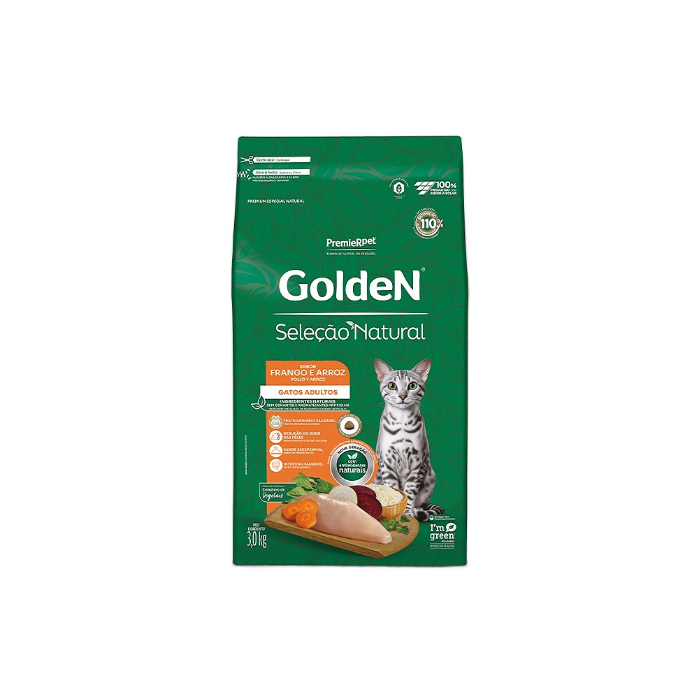 Ração Golden Seleção Natural para Gatos Adultos sabor Frango & Arroz
