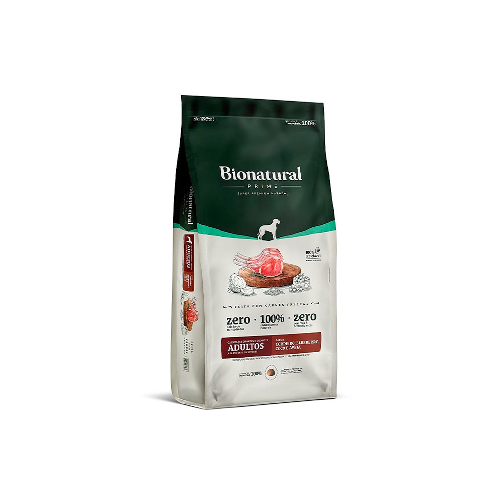 Ração Bionatural Prime para Cães Adultos de Raças Grandes e Gigantes Sabor Cordeiro, Blueberry, Coco e Aveia