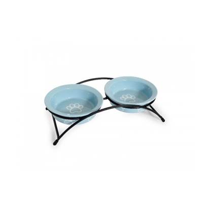 Comedouro Duplo The Pets Suspenso Porcelana Azul para Cães e Gatos U
