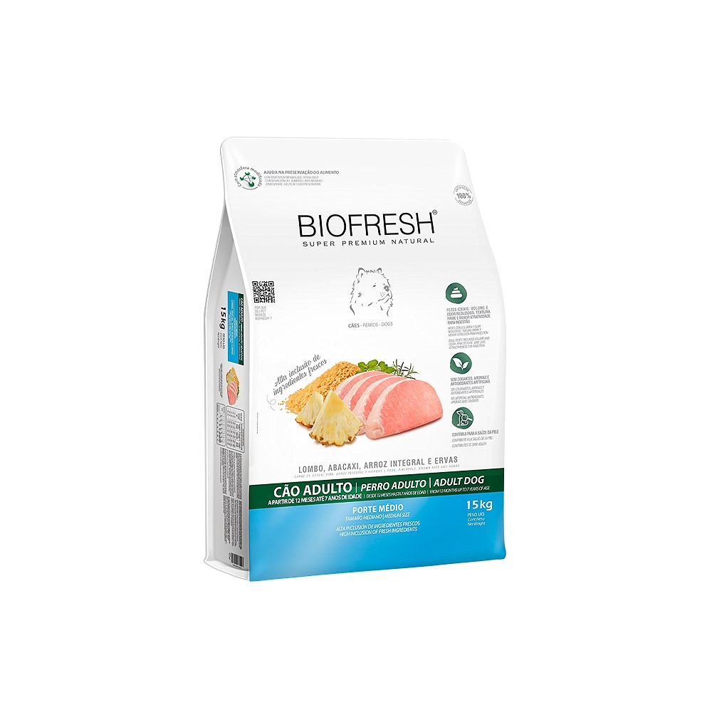 Ração Biofresh para Cães Adultos Porte Médio Sabor Lombo, Abacaxi, Arroz Integral e Ervas