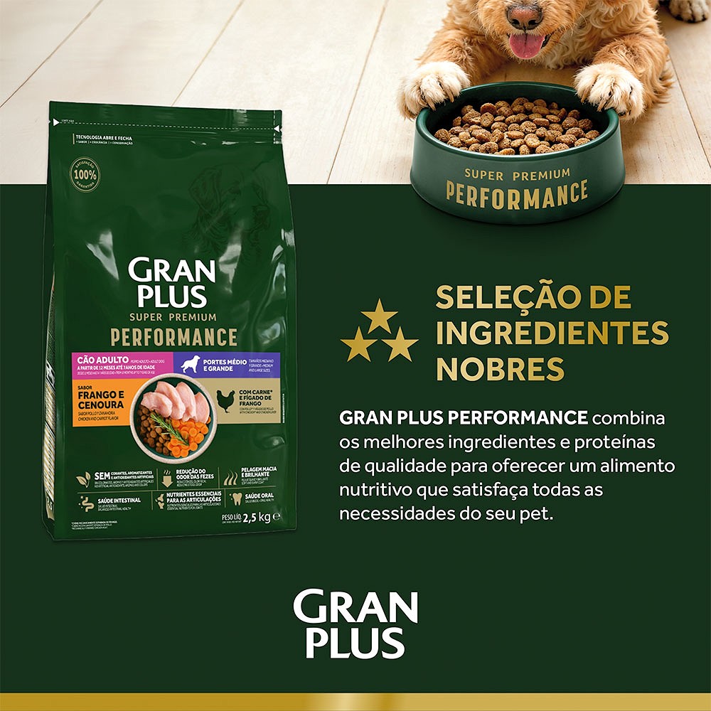 Ração GranPlus Performance para Cão Adulto de Porte Médio e Grande Sabor Frango e Cenoura