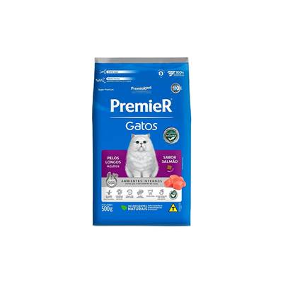 Ração Premier Ambientes Internos Pelos Longos para Gatos Adultos sabor Salmão 0,5kg