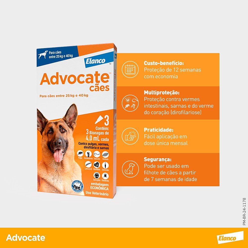 Antipulgas e Endectocida Advocate 4,0ml para Cães entre 25kg e 40kg 