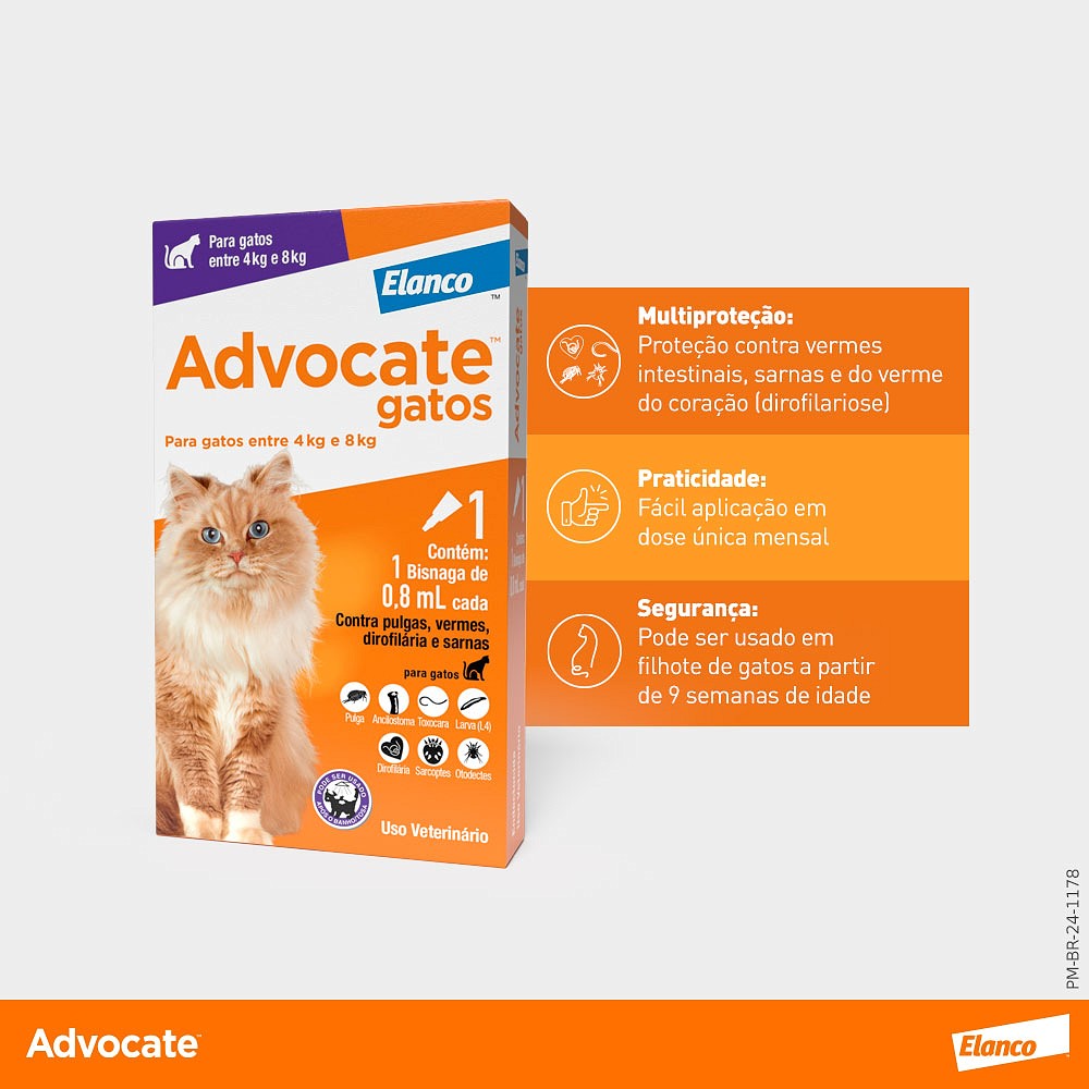 Antipulgas e Endectocida Advocate 0,8ml para Gatos entre 4kg e 8kg