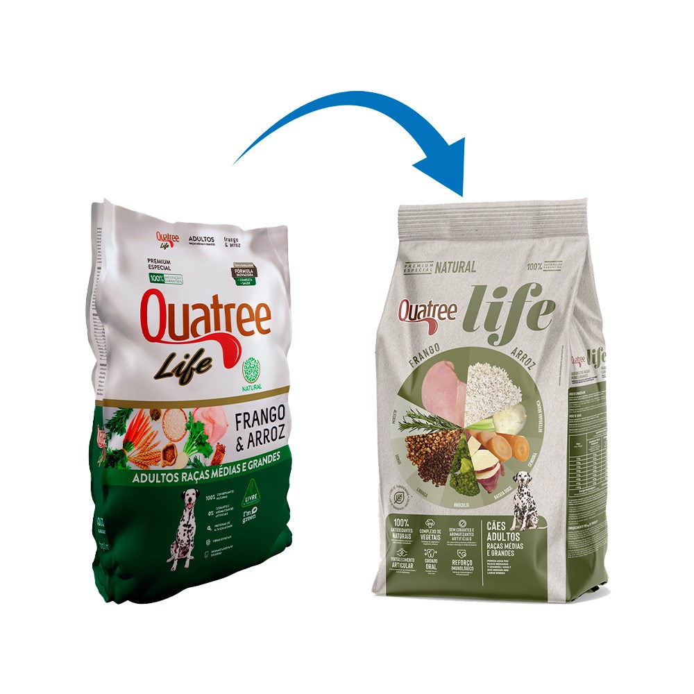 Ração Quatree Life para Cães Adultos Raças Médias e Grandes Sabor Frango e Arroz