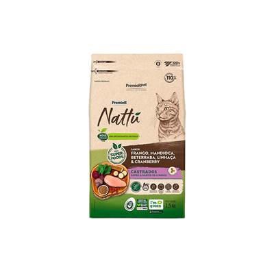 Ração Premier Nattu para Gatos Castrados sabor Frango, Mandioca, Beterraba, Linhaça e Cranberry 7,5kg