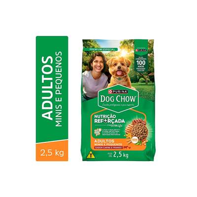 Ração Dog Chow Nutrição Reforçada para Cães Adultos de Porte Mini e Pequeno sabor Carne, Frango e Arroz