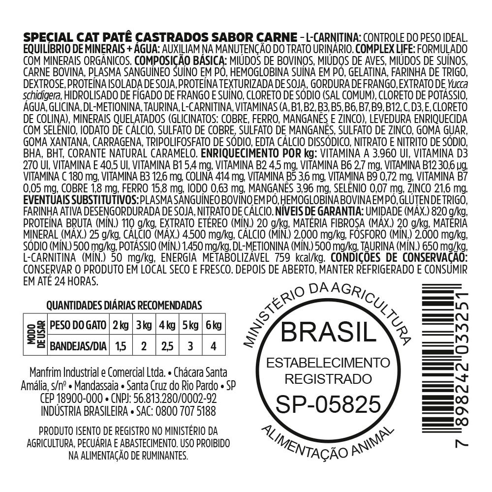 Ração Úmida Special Cat para Gatos Castrados Sabor Patê de Carne