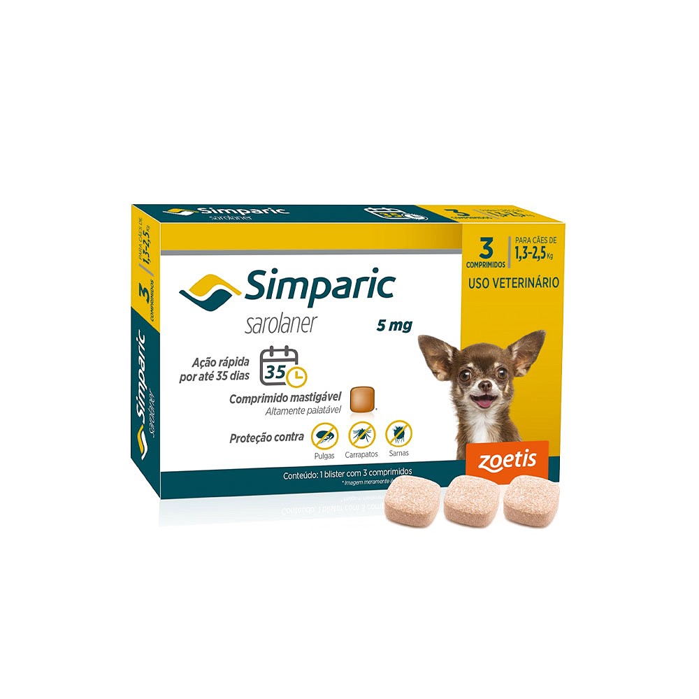 Antipulgas e Carrapatos Simparic 5 mg para Cães entre 1,3kg - 2,5kg