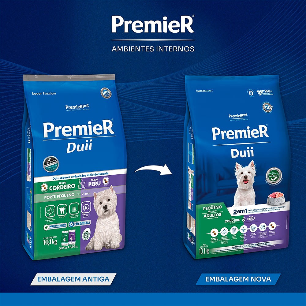 Ração Premier Ambientes Internos Duii para Cães Adultos sabor Cordeiro & Peru