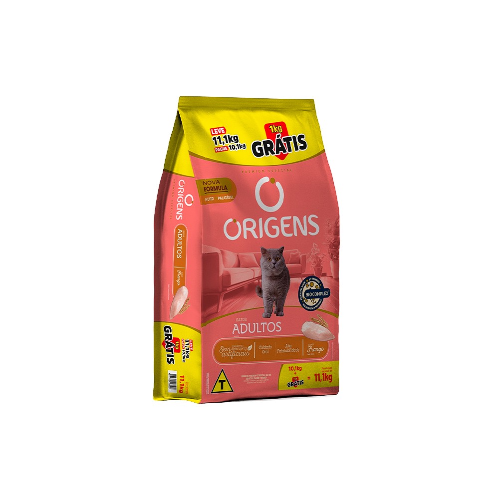 Ração Origens para Gatos Adultos sabor Frango Pague 10,1kg e Leve 11,1kg