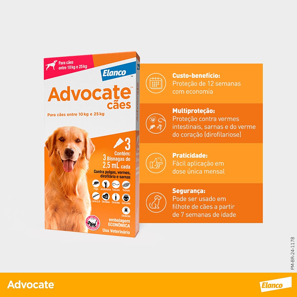 Antipulgas e Endectocida Advocate 2,5ml para Cães entre 10kg e 25kg
