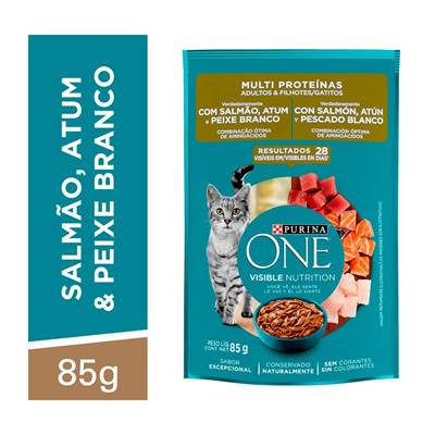 Ração Úmida Purina One Multi Proteínas para Gatos Adultos e Filhotes sabor Salmão, Atum e Peixe Branco 85g