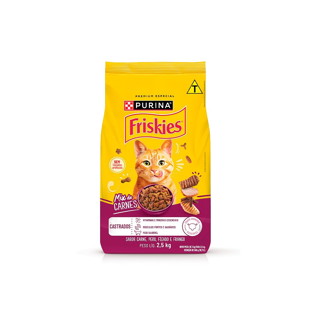 Ração Friskies Mix de Carne para Gatos Adultos Castrados sabor Carne, Peru, Fígado e Frango