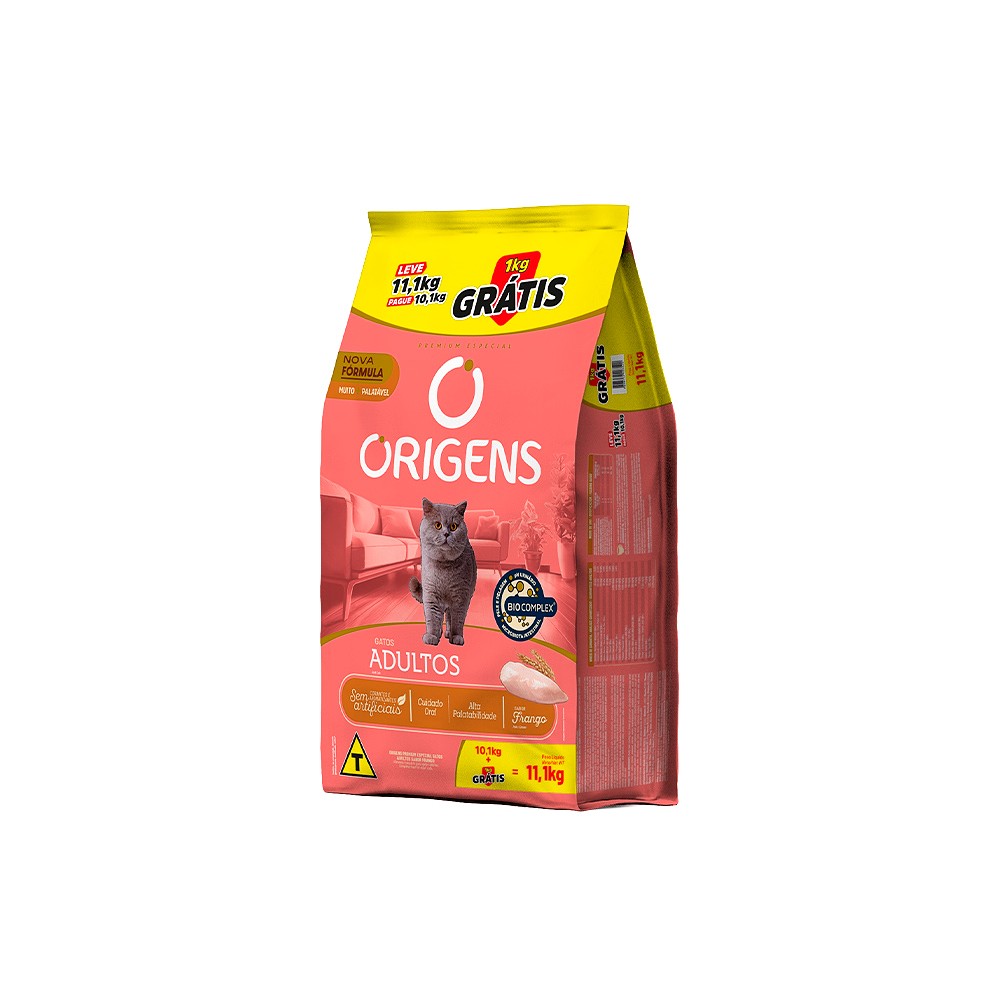 Ração Origens para Gatos Adultos sabor Frango Pague 10,1kg e Leve 11,1kg