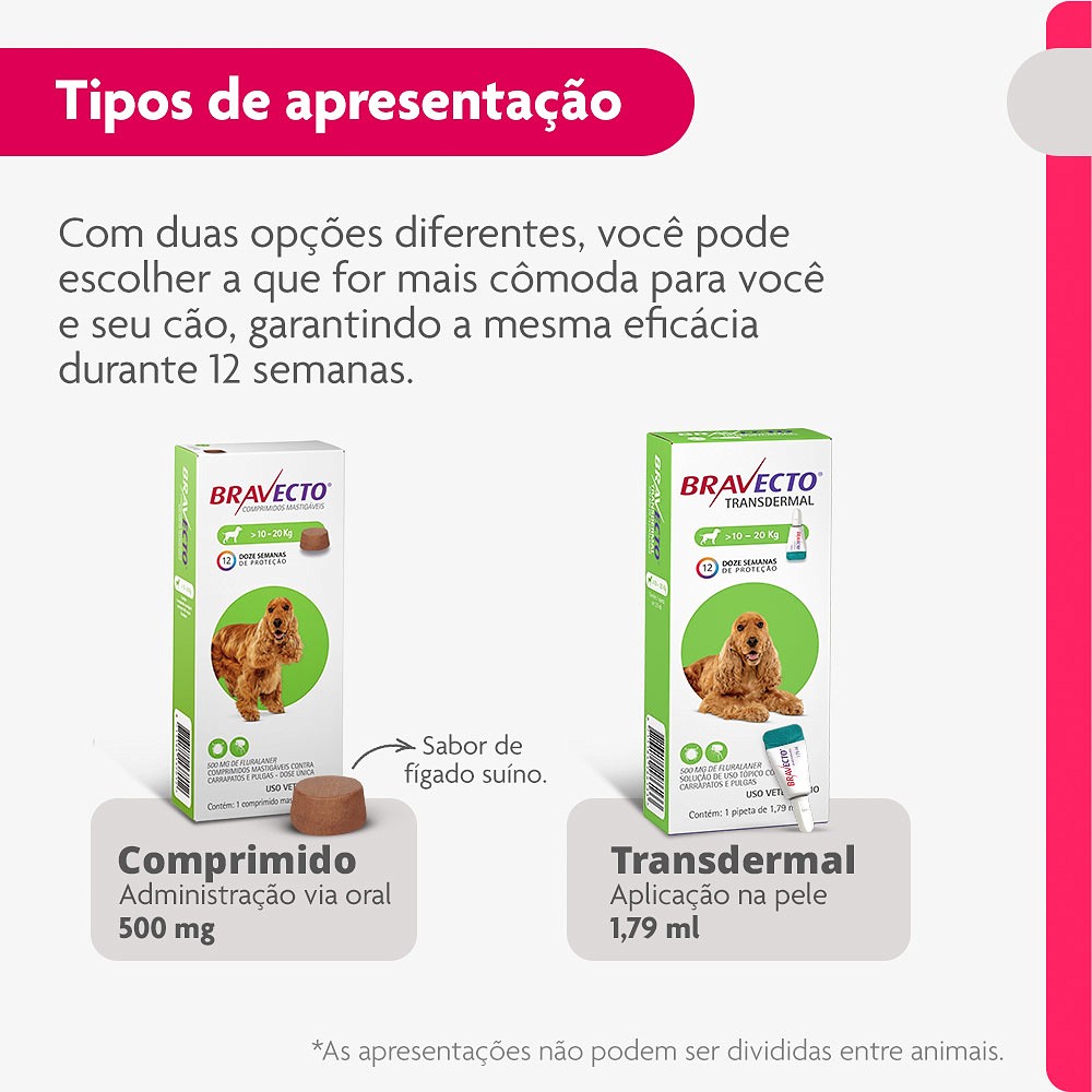 Antipulgas e Carrapatos Bravecto Transdermal para Cães de 10kg a 20kg - 500mg