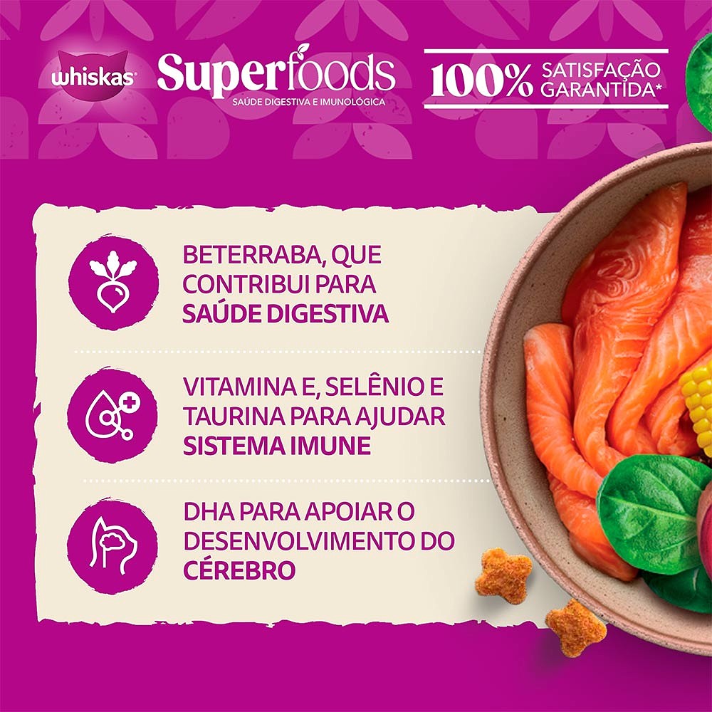 Ração Whiskas Superfoods para Gatos Filhotes sabor Salmão e Linhaça