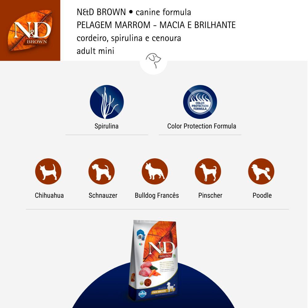 Ração N&D Brown para Cães Adultos de Porte Mini sabor Cordeiro, Spirulina e Cenoura