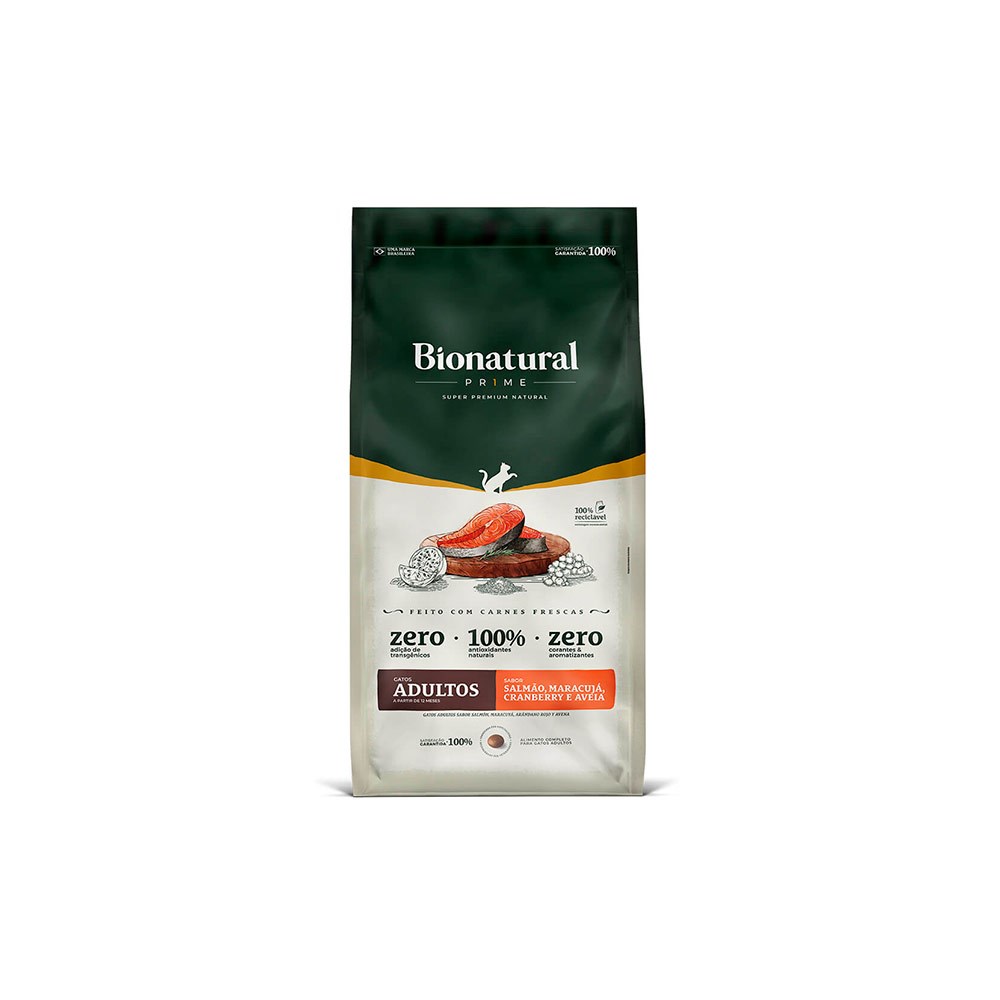 Ração Bionatural Prime para Gatos Adultos Sabor Salmão, Maracujá, Cranberry e Aveia