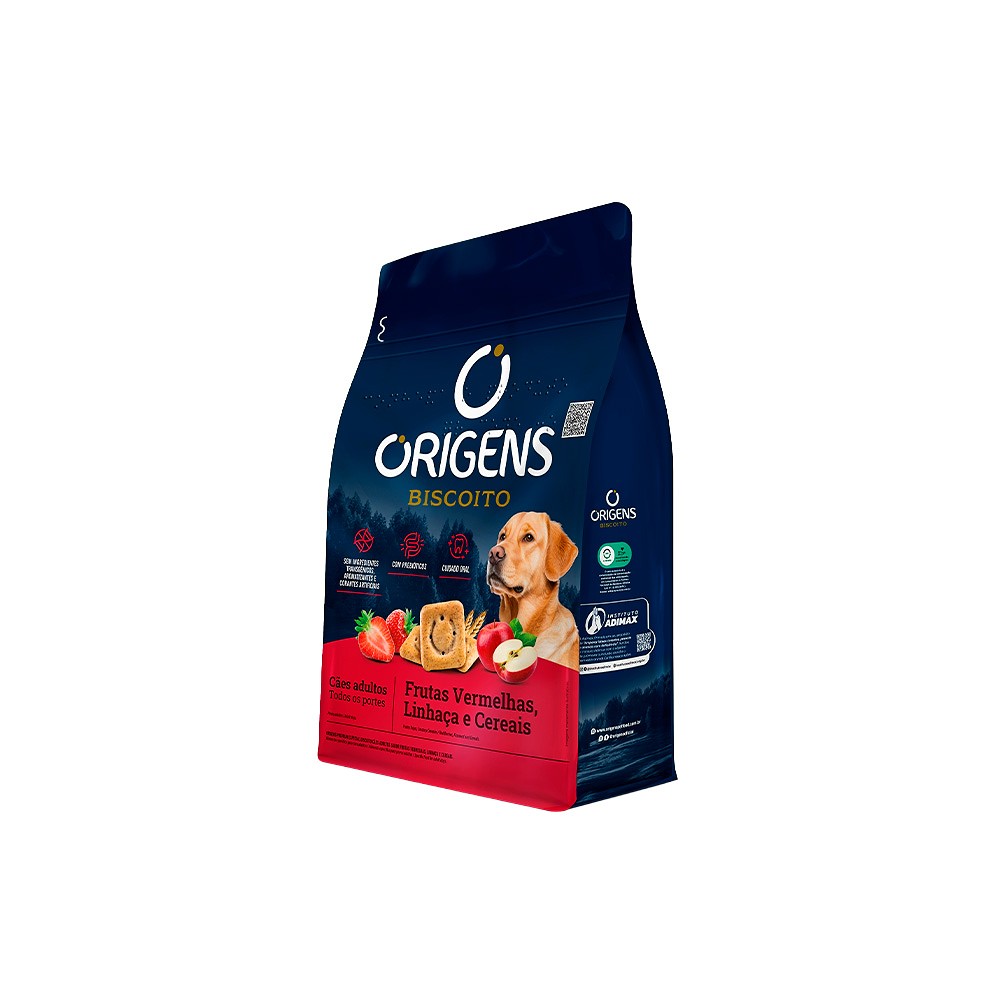 Biscoito Origens para Cães Adultos de Porte Médio e Grande Sabor Frutas Vermelhas, Linhaça e Cereais