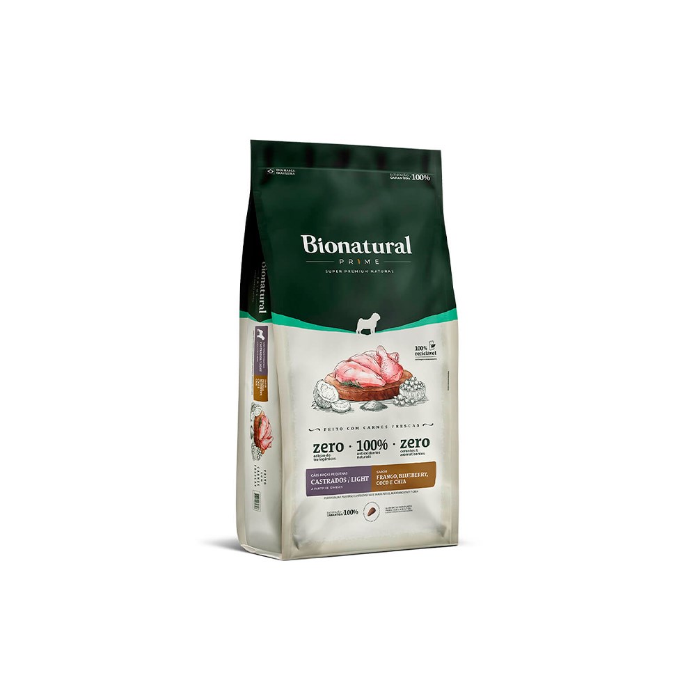 Ração Bionatural Prime para Cães Castrados de Raças Pequenas Sabor Frango, Blueberry, Coco e Chia
