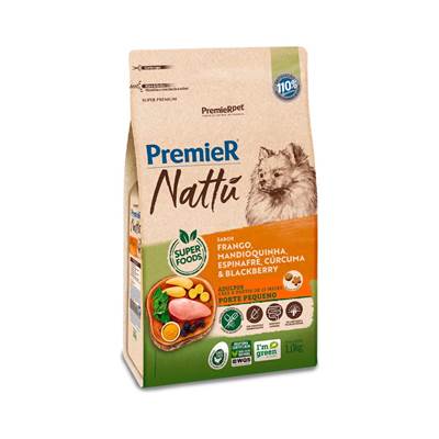 Ração Premier Nattu para Cães Adultos de Porte Pequeno sabor Frango, Mandioquinha, Espinafre, Cúrcuma, & Blackberry 2,5kg