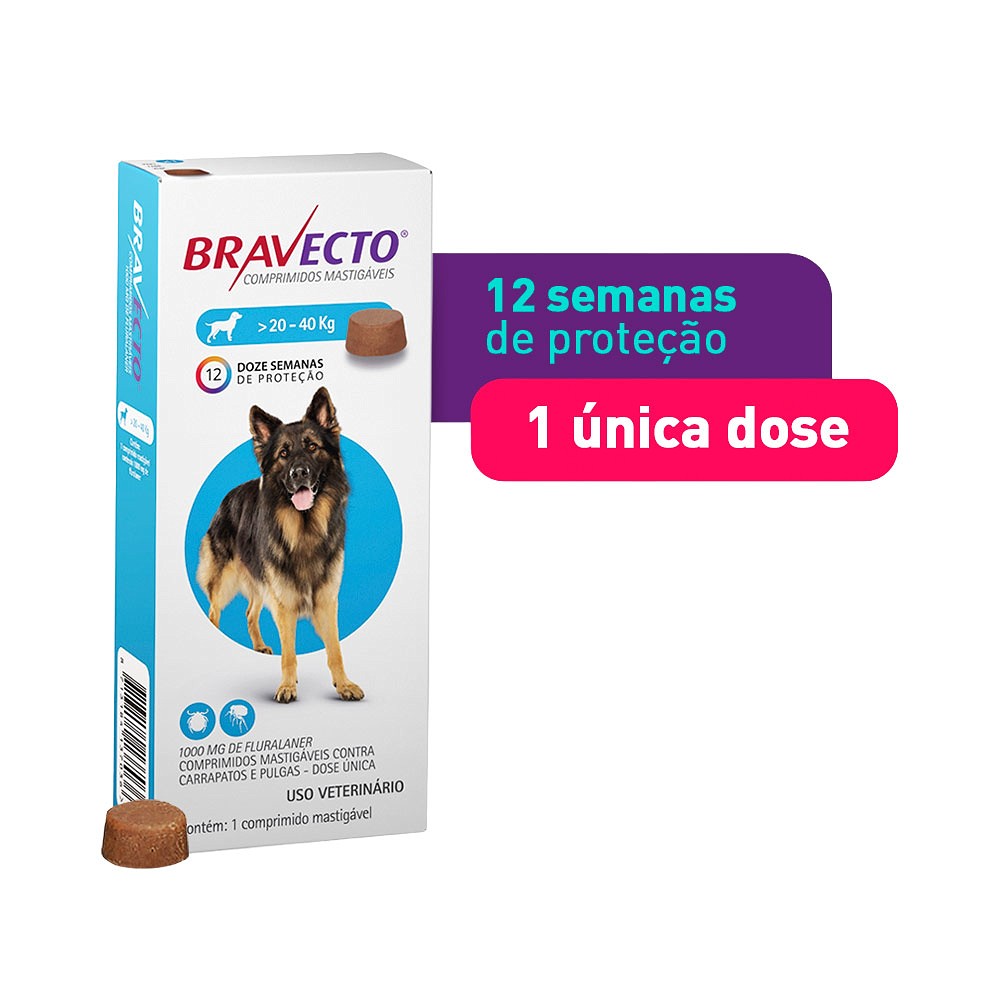 Antipulgas e Carrapatos Bravecto para Cães de 20kg a 40kg - 1000mg