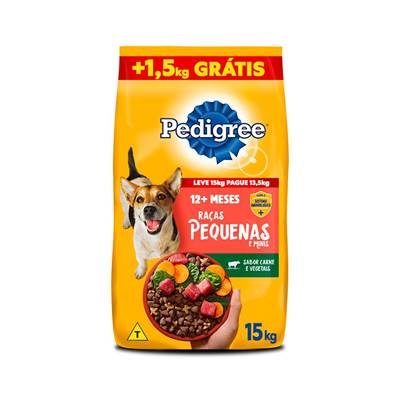 Ração Pedigree Carne e Vegetais Cães Adultos Raças Pequenas e Minis Leve 15kg Pague 13,5 kg