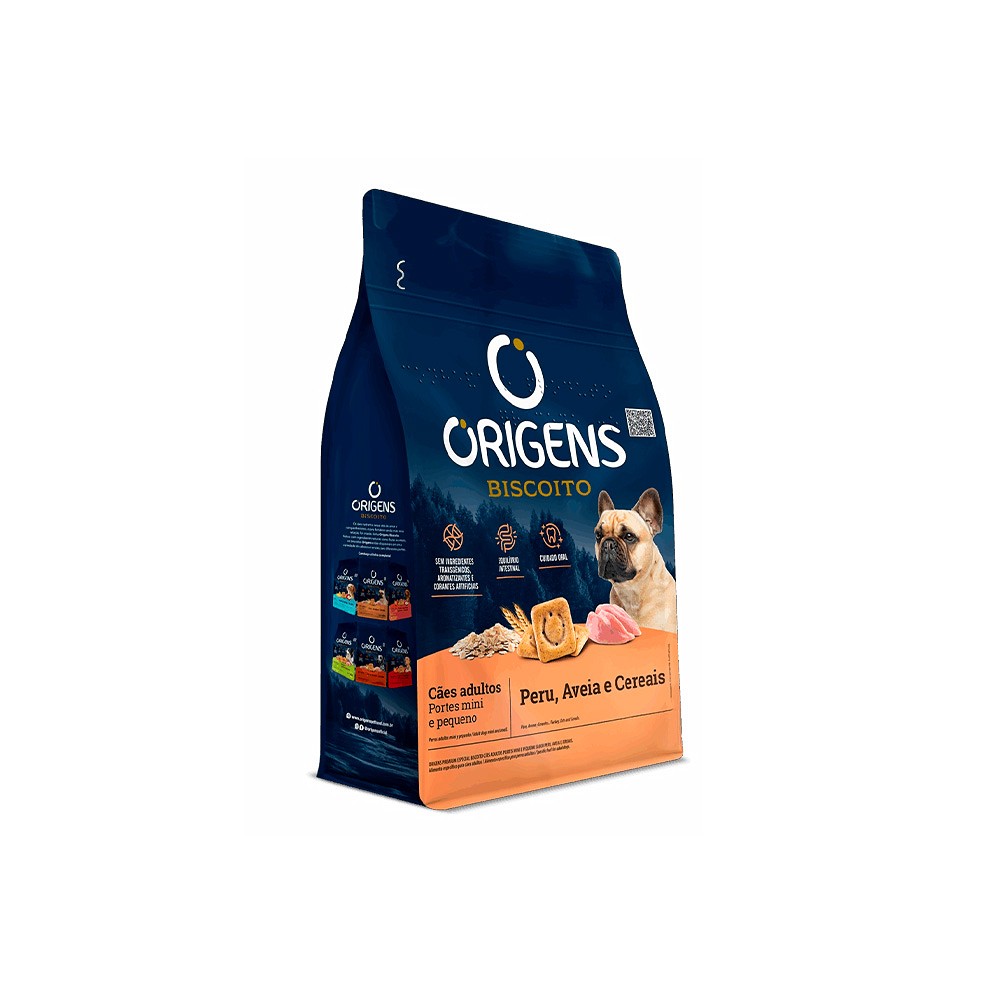 Biscoito Origens para Cães Adultos de Porte Mini e Pequeno Sabor Peru, Aveia e Cereais