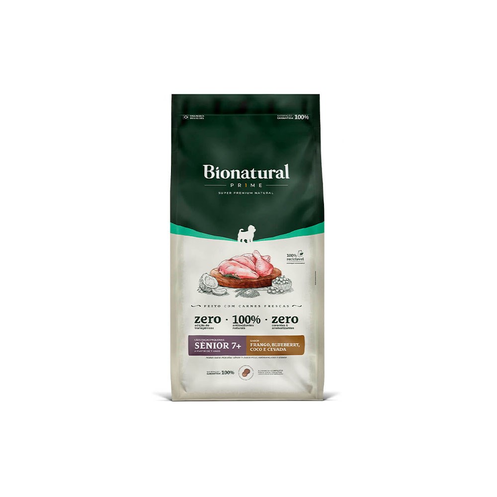 Ração Bionatural Prime para Cães Sênior 7+ de Raças Pequenas Sabor Frango, Blueberry, Coco e Cevada